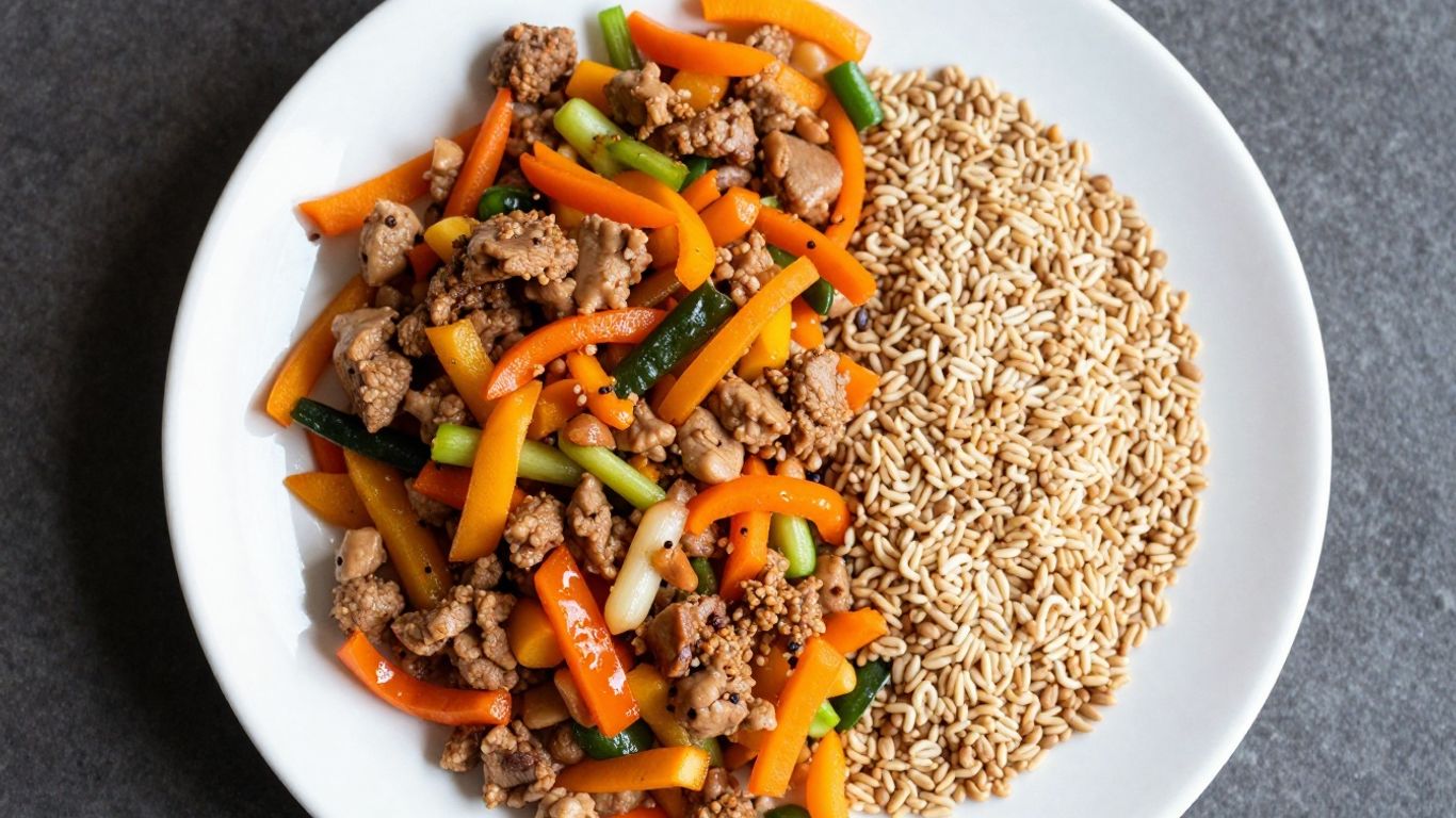 Plate divided into sections with protein, vegetables, and grains.