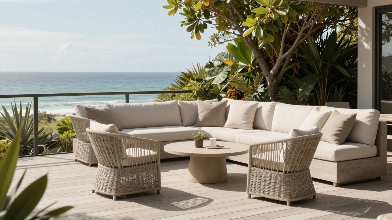Outdoor lounge furniture on a sunny New Zealand patio