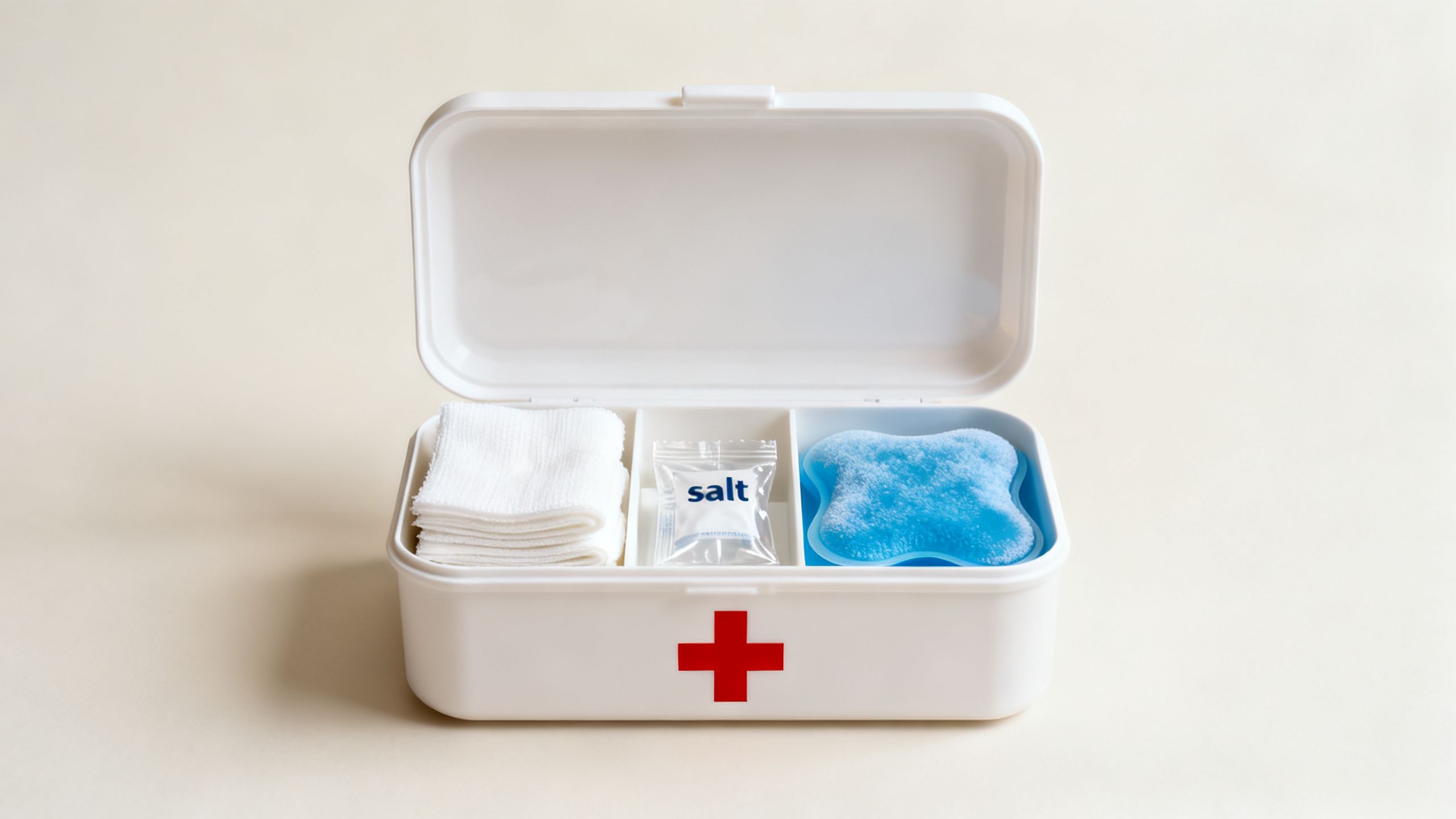 A first-aid kit with dental items like gauze, a salt packet, and a cold compress, ready for a dental emergency.