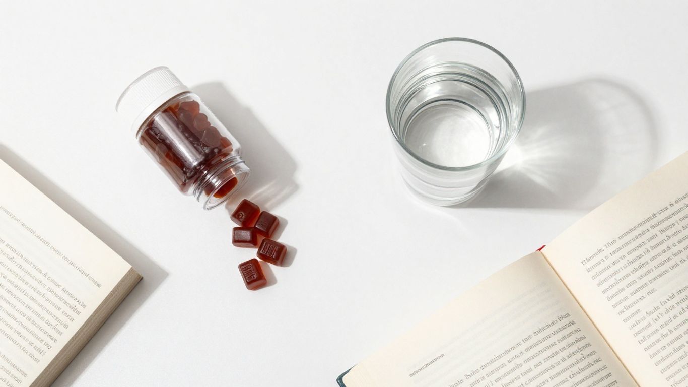 A organized supplement setup with a bottle of gummies