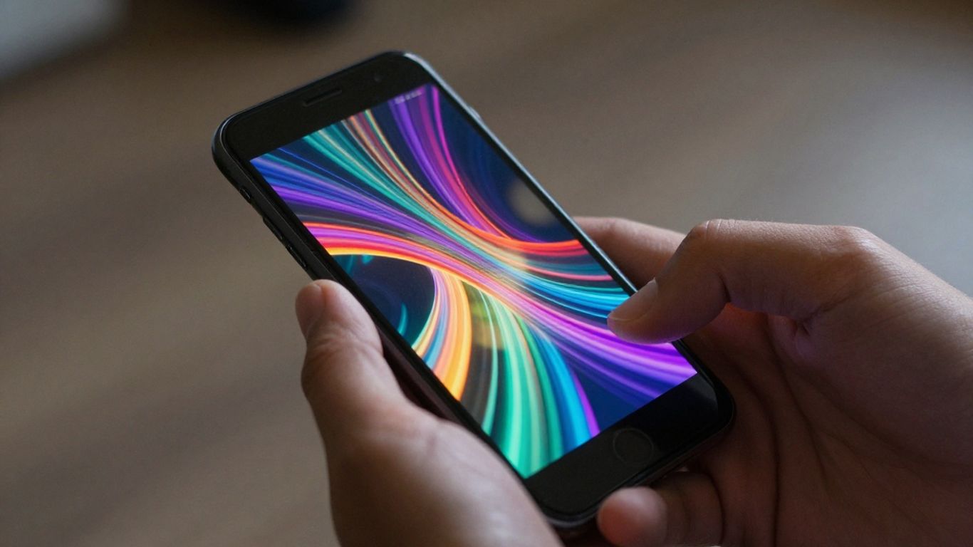 Mãos segurando celular com dados digitais abstratos.