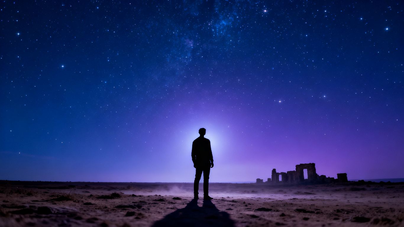 Lone figure under a vast, star-filled sky.
