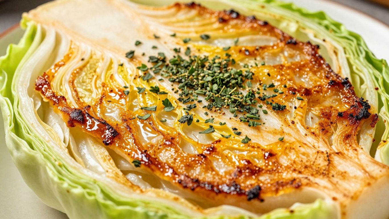 Caramelized cabbage steaks seared to golden brown.