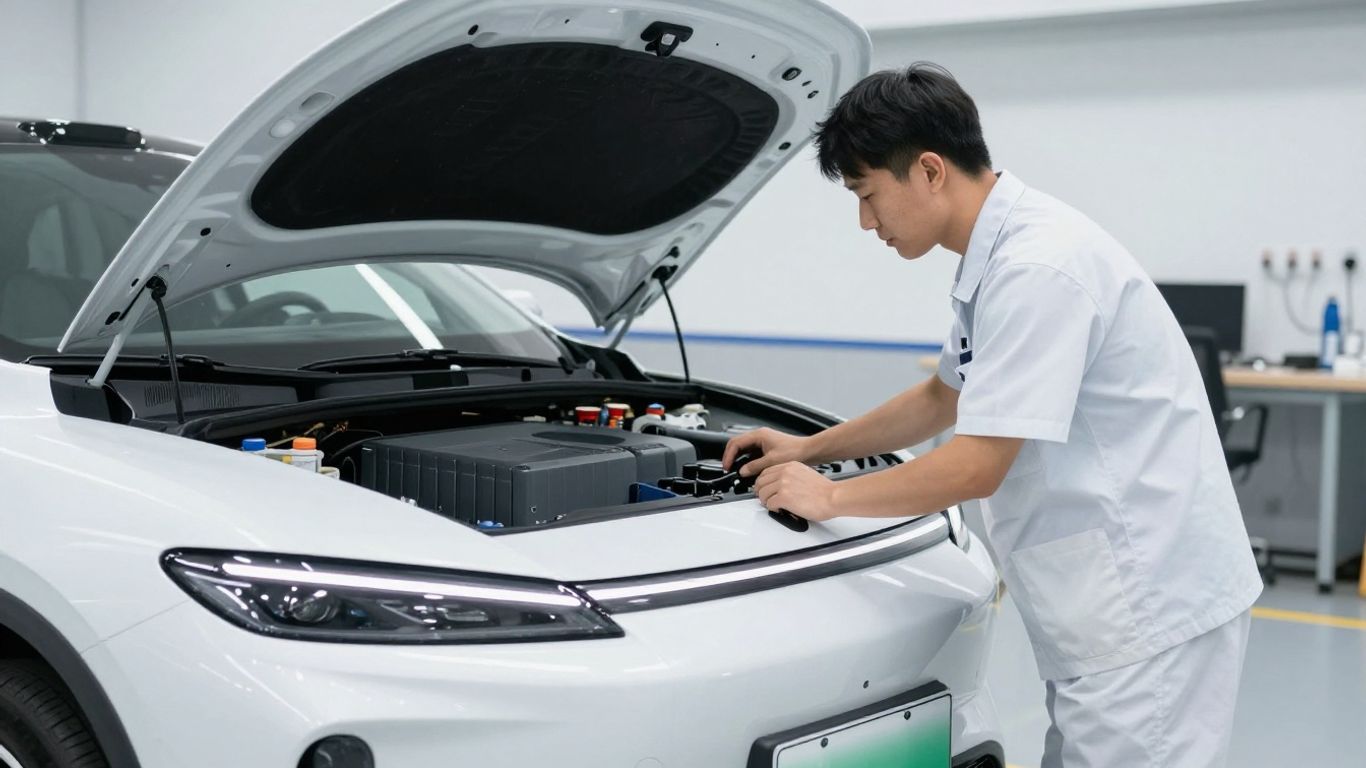 A technician inspecting an electric car battery