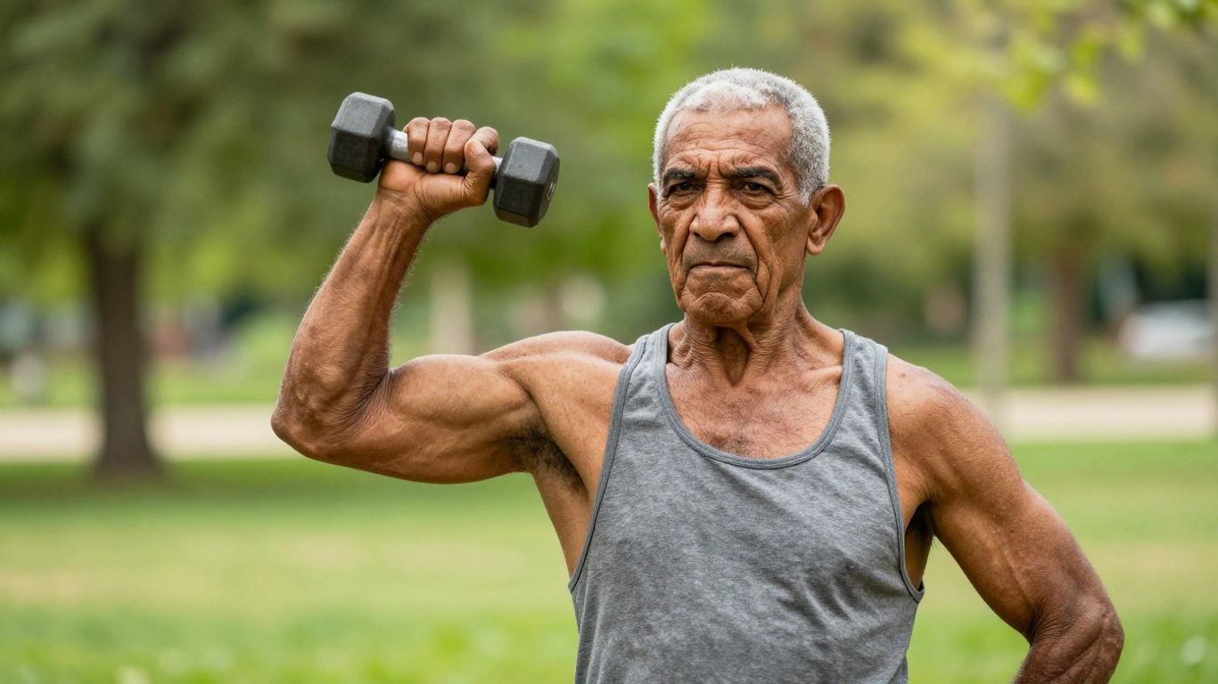 Homme âgé marocain faisant des exercices de musculation.