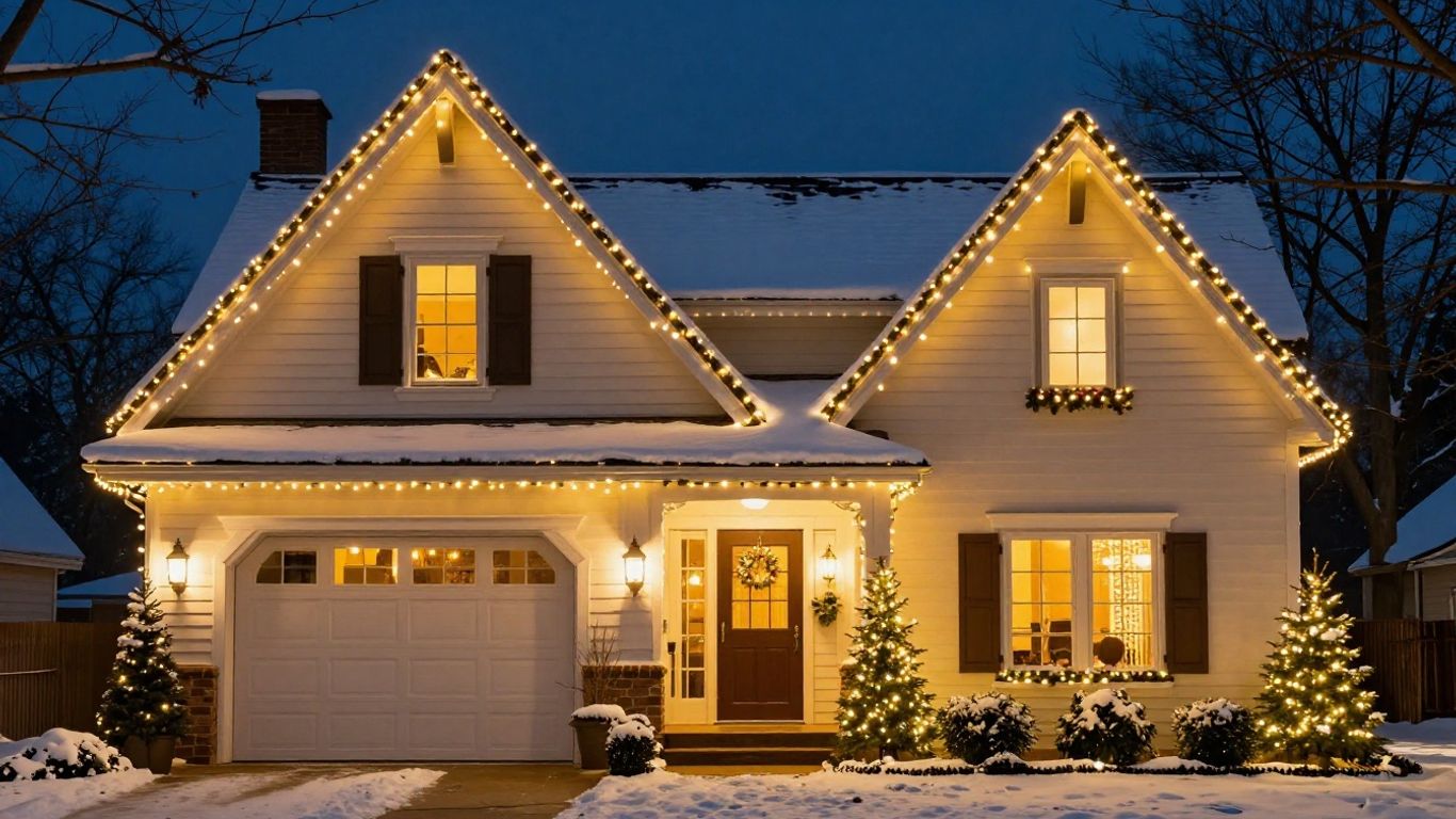 House with permanent Christmas lights glowing at night.