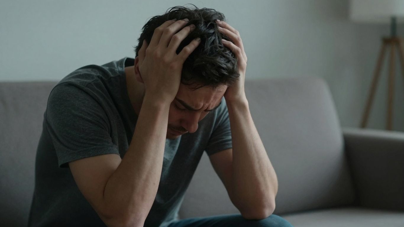 Pessoa com a cabeça nas mãos em ataque de pânico.