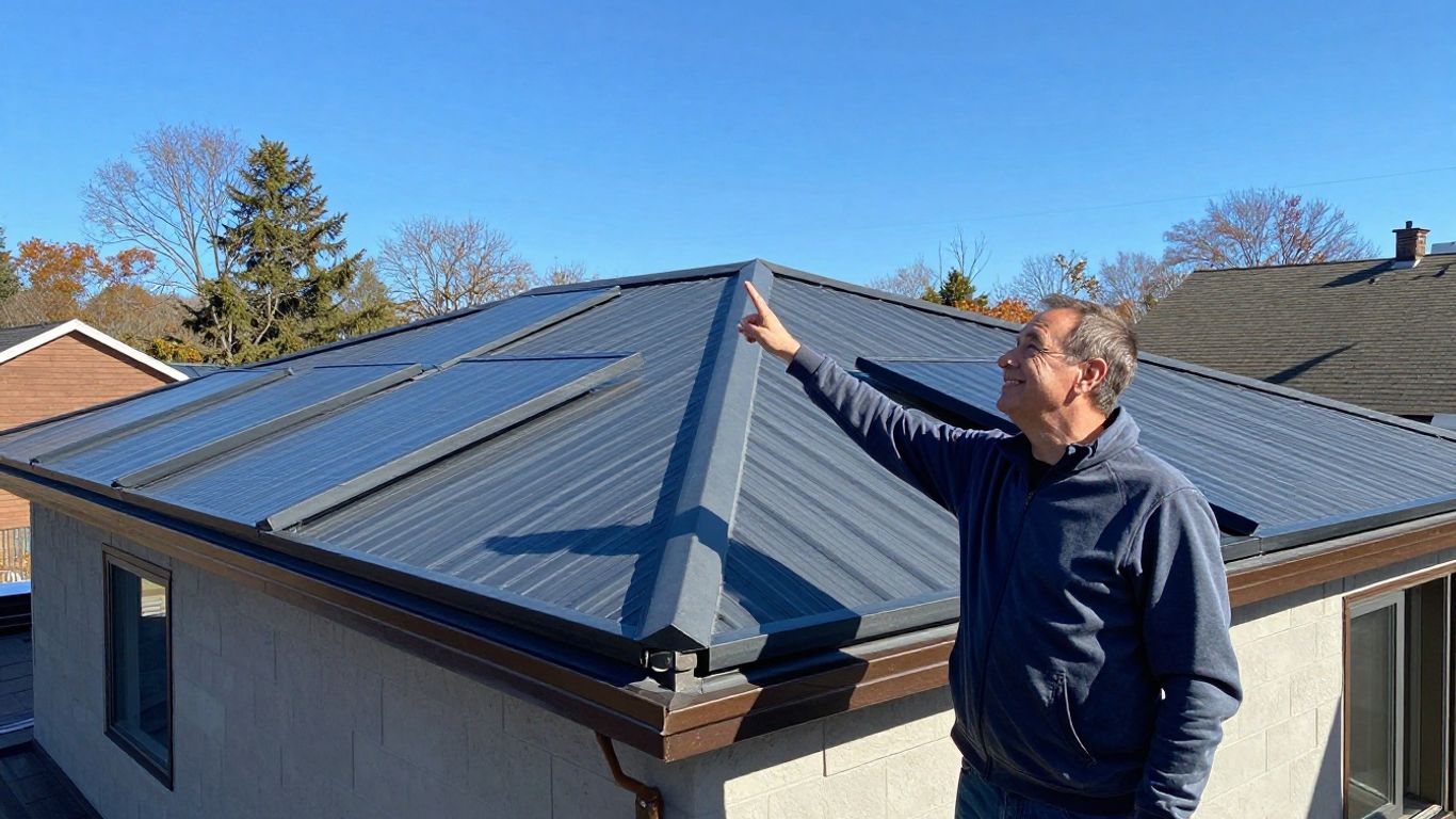 Happy homeowner admiring a new roof on a sunny day.