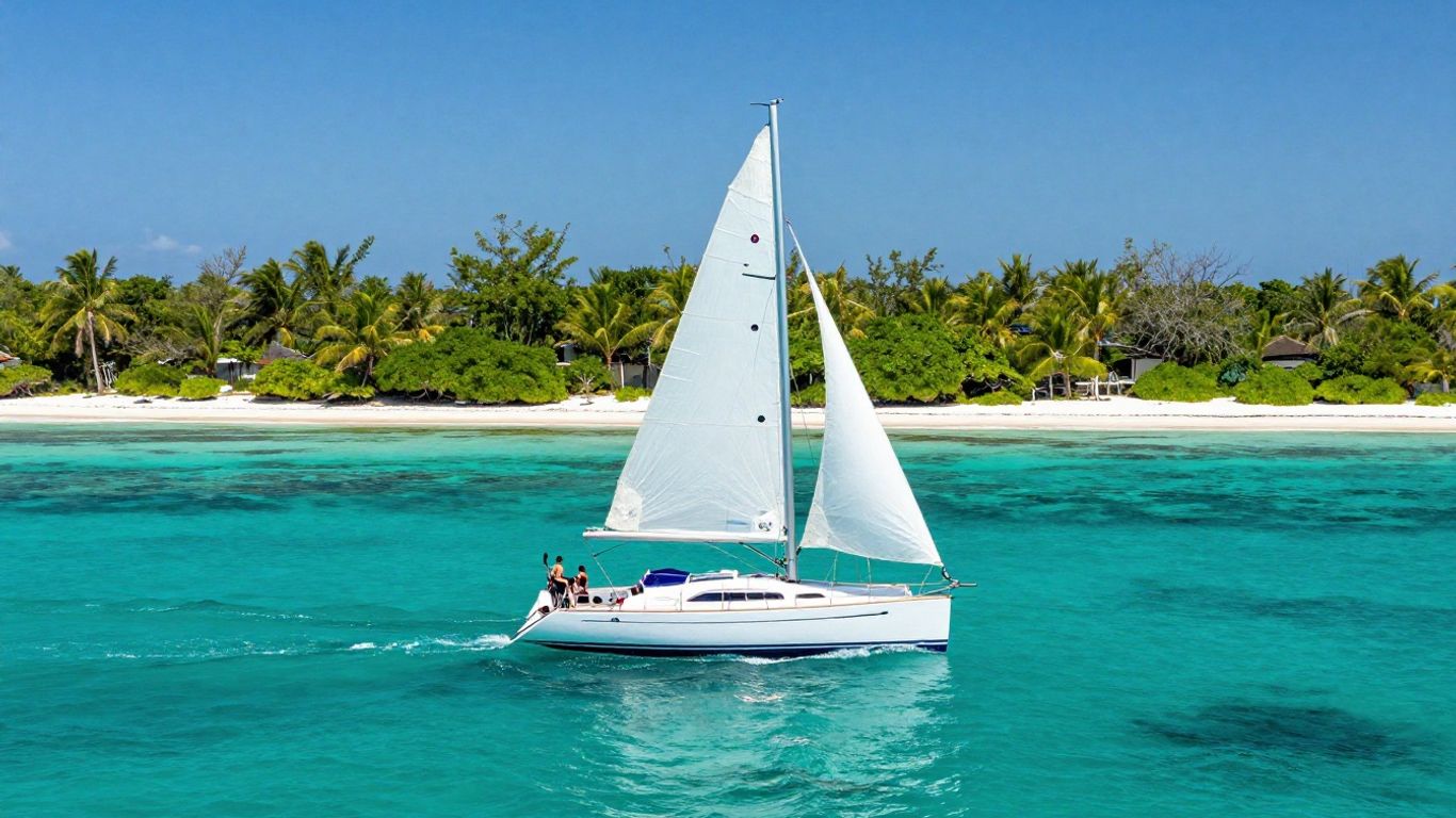 Sailboat navigating Belize waters near lush islands.