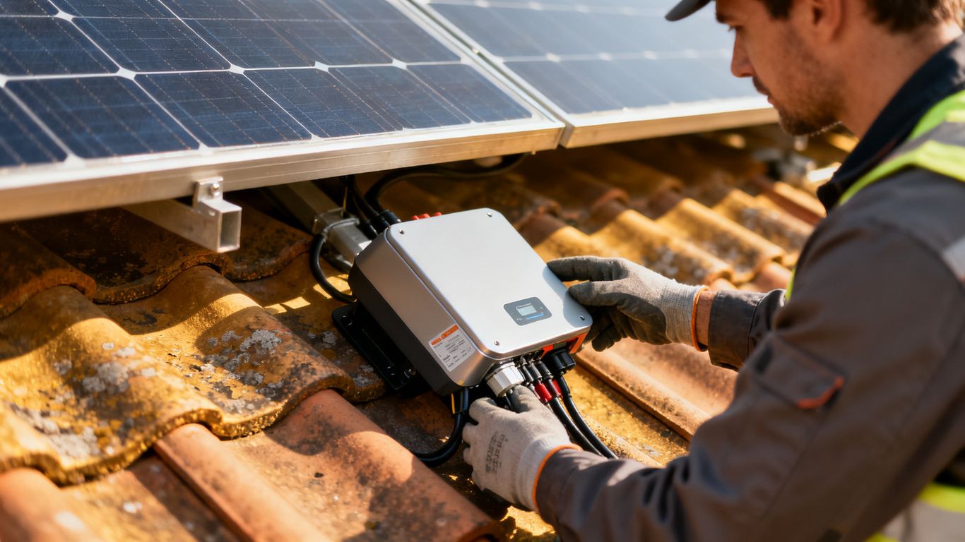 Installateur vérifiant un équipement solaire extérieur