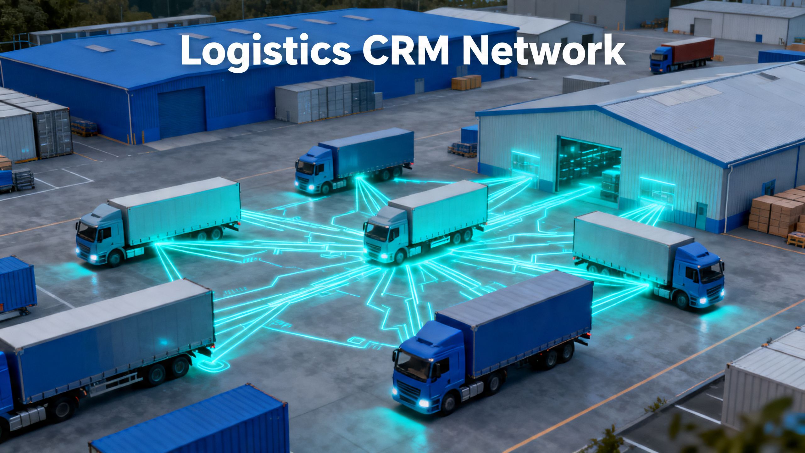 Conceptual illustration of a logistics network with trucks and warehouses connected by digital lines, representing a logistics crm