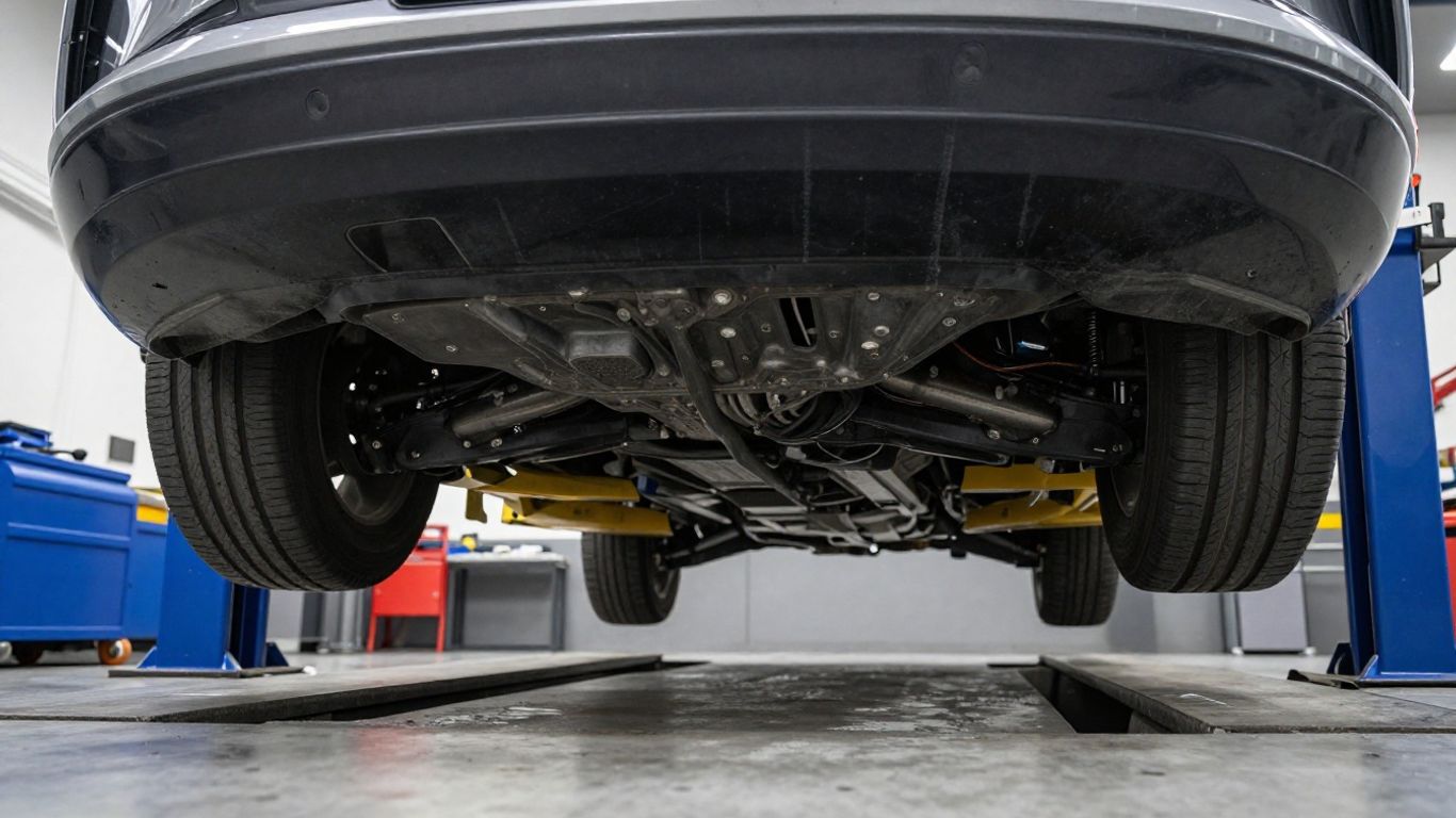 A vehicle being assessed on a lift