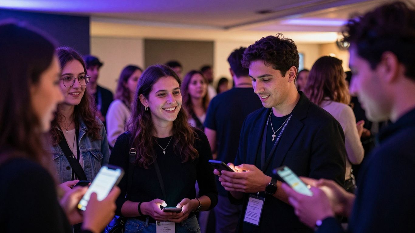 Attendees interacting with digital screens at an event.