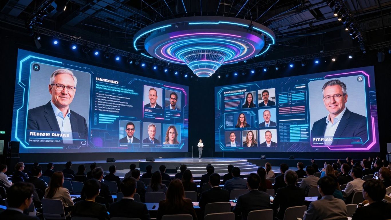 Futuristic virtual event hall with holographic speakers and attendees.