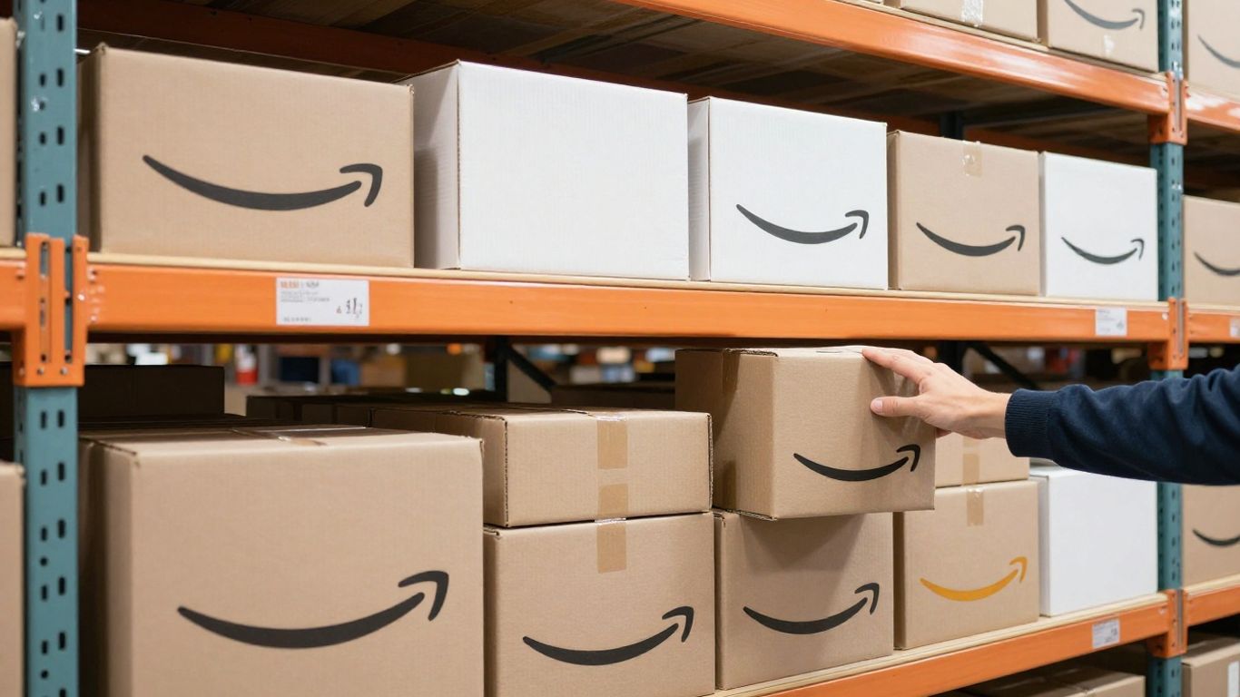 Amazon warehouse shelves with boxes and a hand restocking.