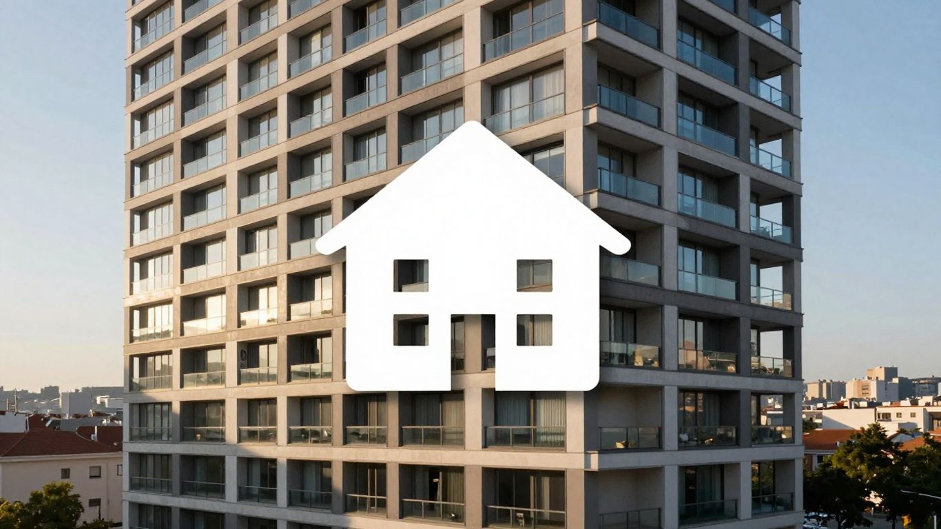 Prédio moderno com ícone de casa e sol.