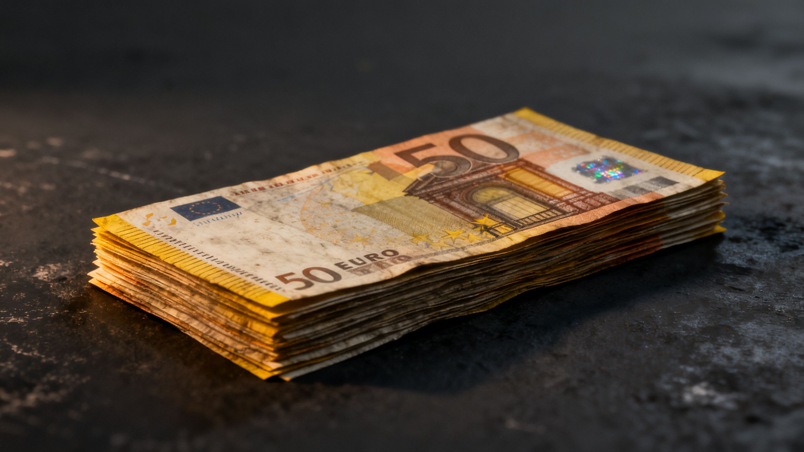 Stacks of realistic prop Euro banknotes for film.