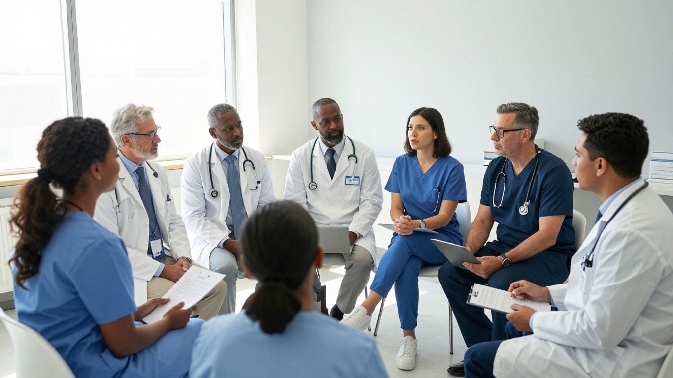 Diverse American healthcare team collaborating in a modern clinic.