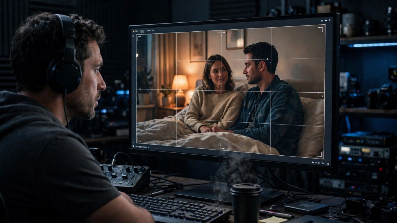 Adult creator reviewing cinematic video framing and lighting