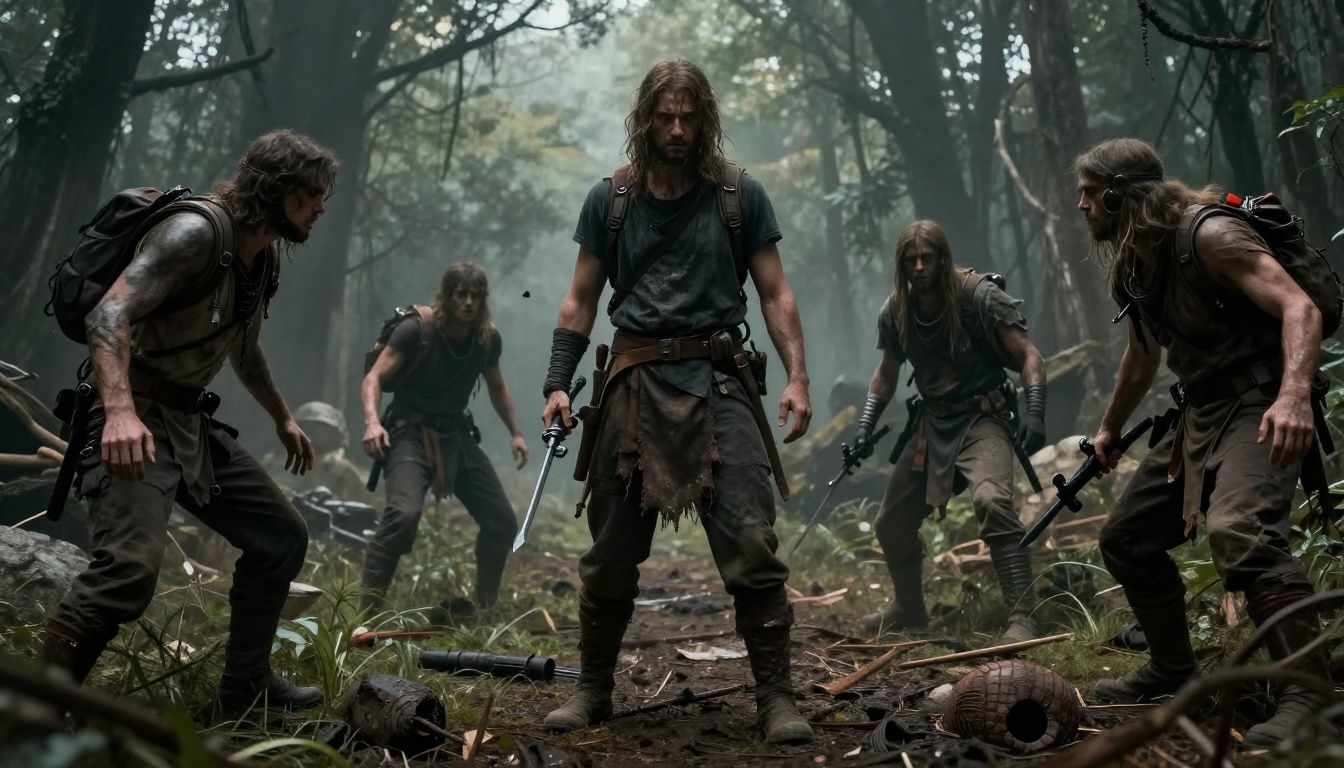 Cena de uma aventura de ação com um guerreiro enfrentando inimigos em um cenário sombrio e cheio de obstáculos