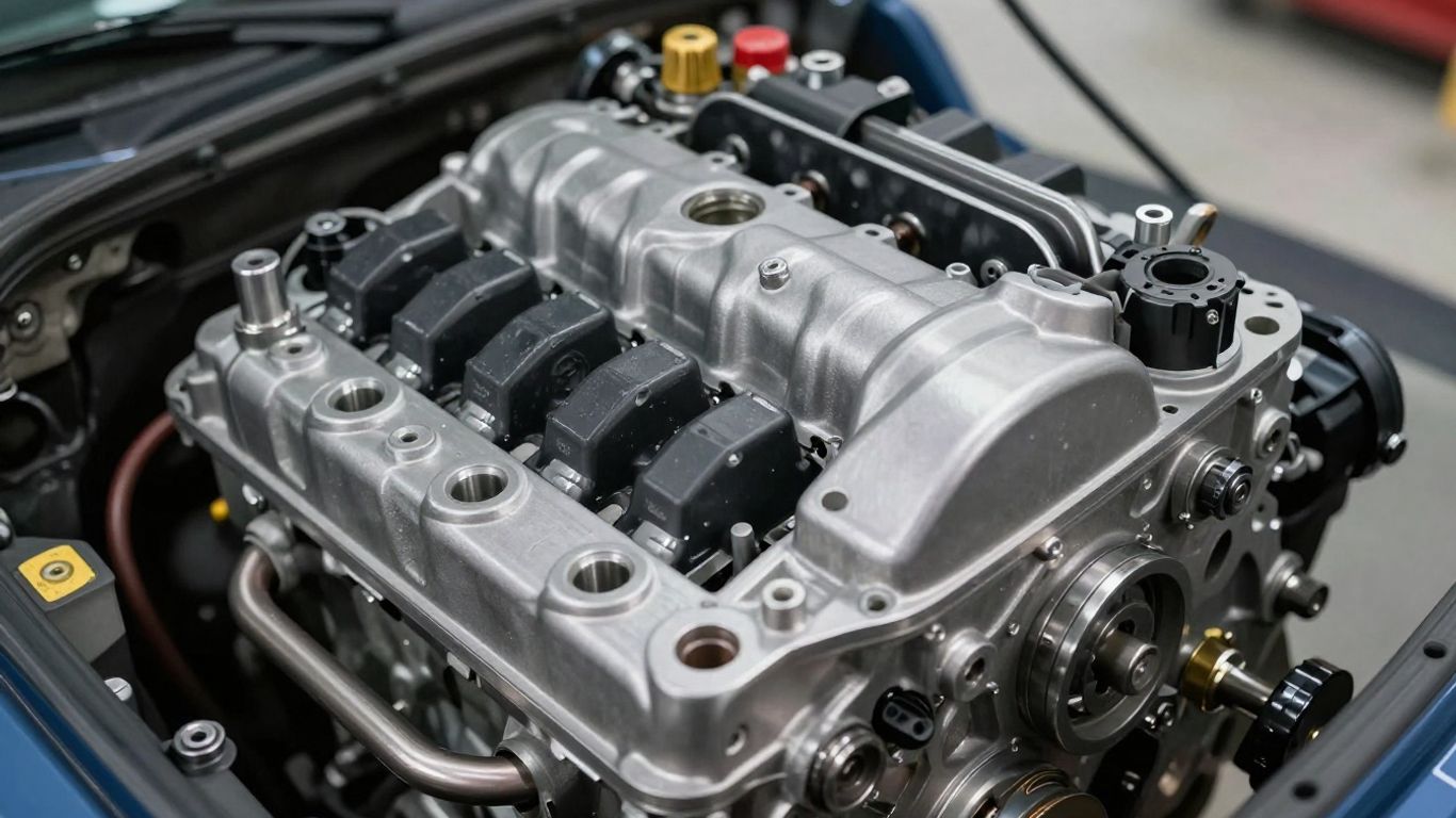 Reconditioned Toyota engine with shiny metal parts.