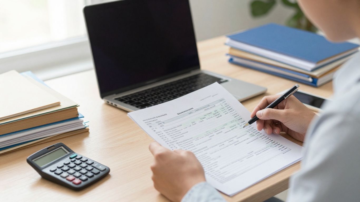 Photograph of finance professional reviewing statement data