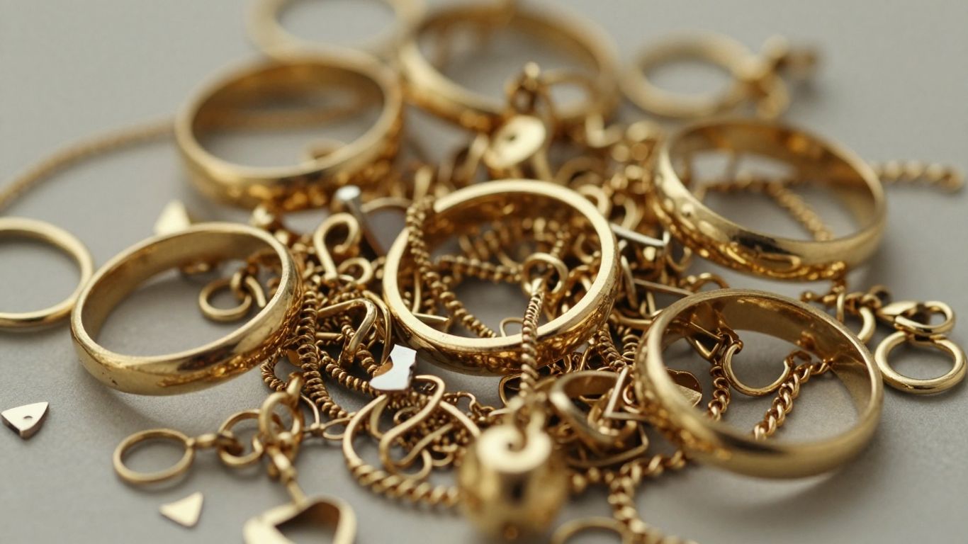 Bijoux en or cassés empilés, gros plan.