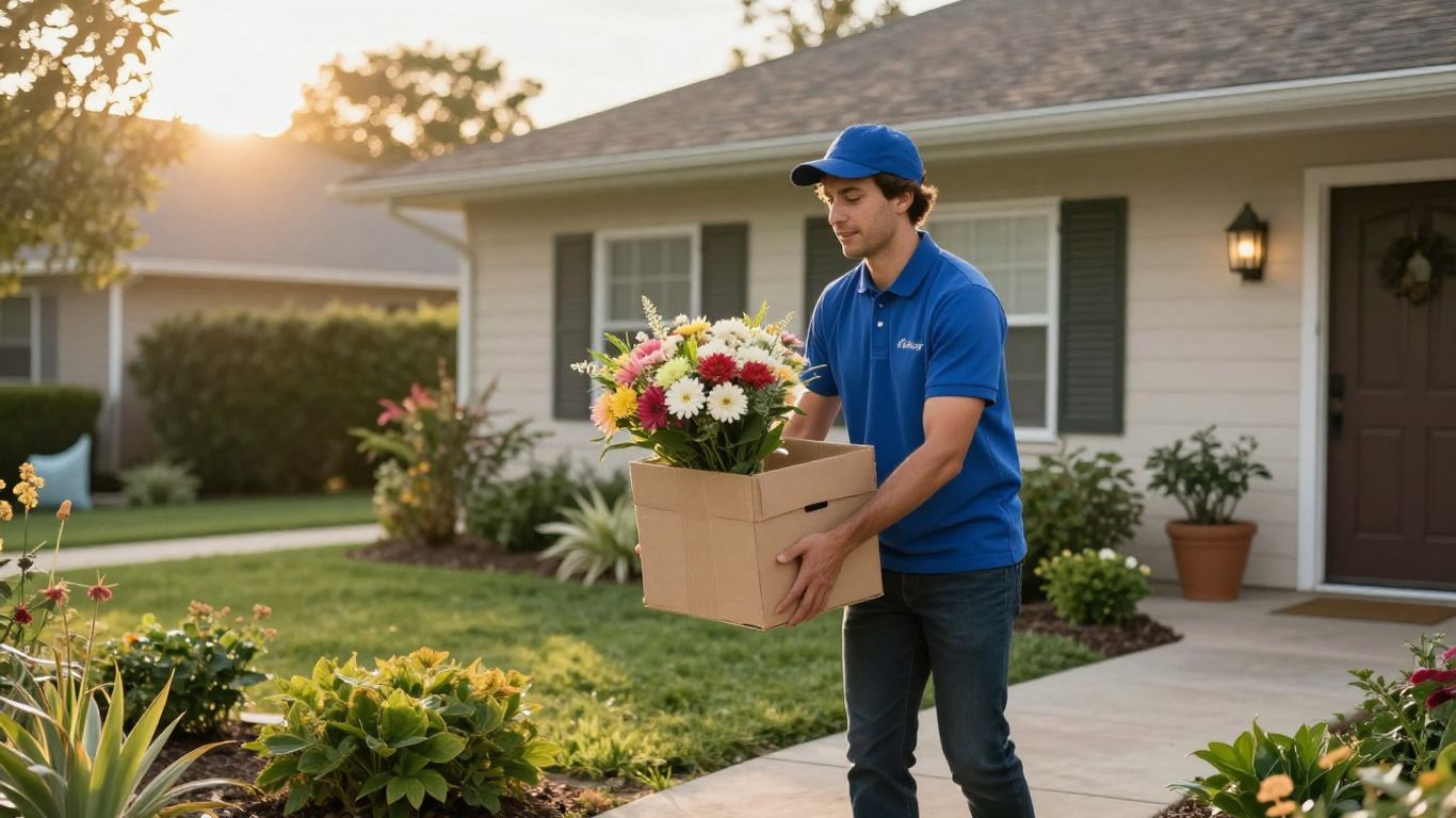 A flower delivery arriving during the golden hour