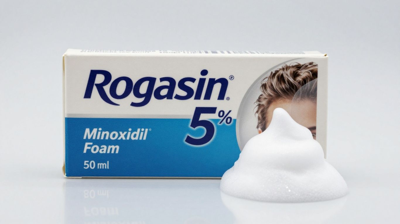 Rogaine 5% Minoxidil Foam product for men's hair regrowth.