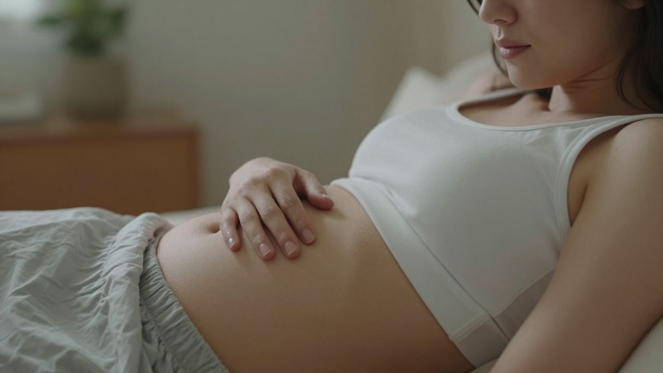 Mulher pensativa tocando o abdômen após histerectomia.