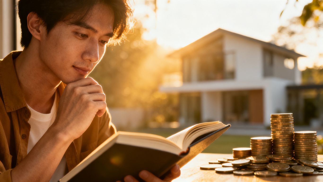 Person reading book with house and coins in background.