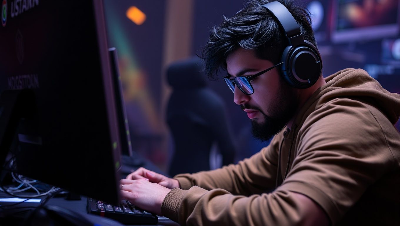 Um jogador focado selecionando um personagem no menu de escolhas do League of Legends em um setup tecnológico