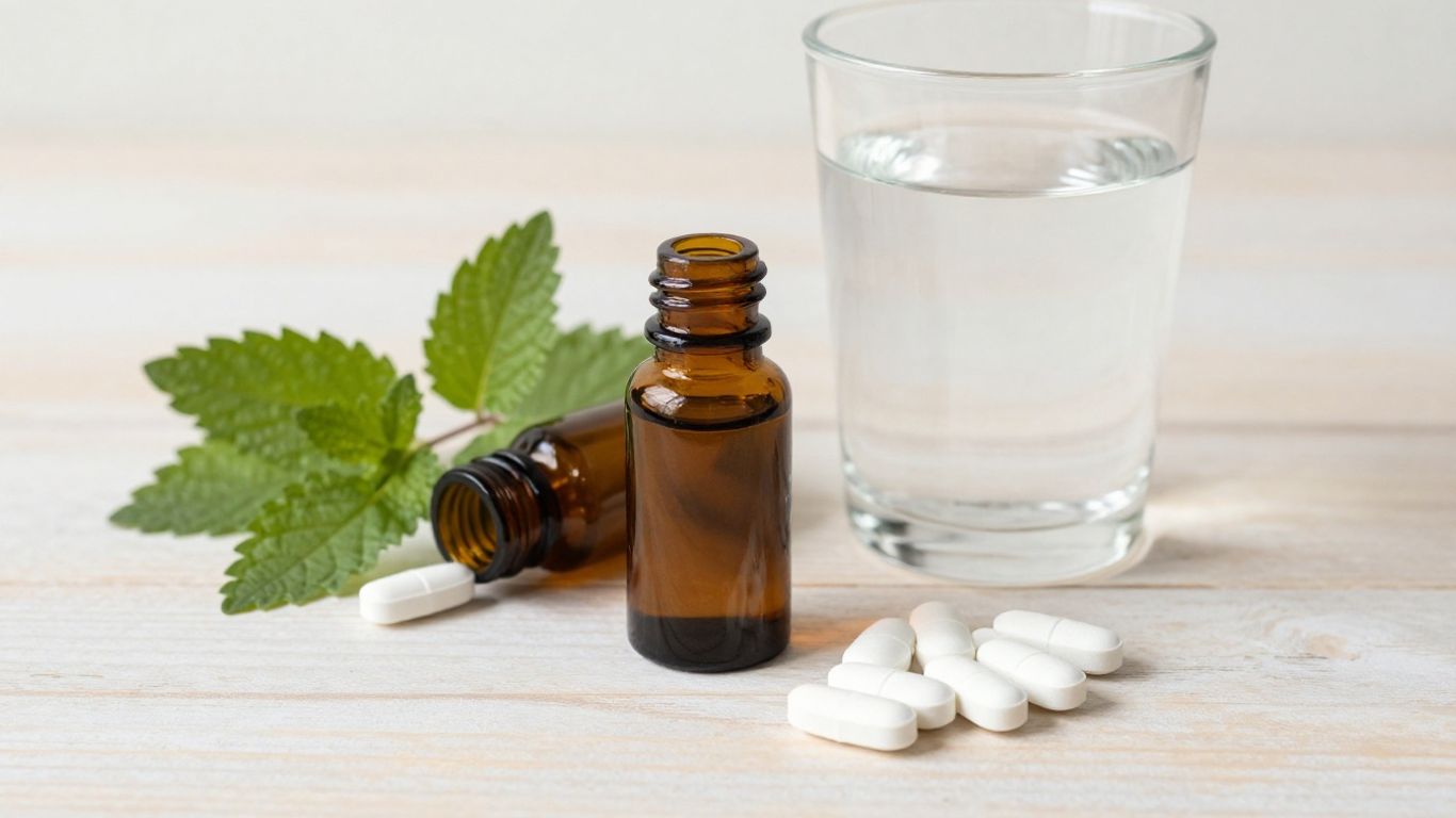 Herbal supplement bottle beside medicines