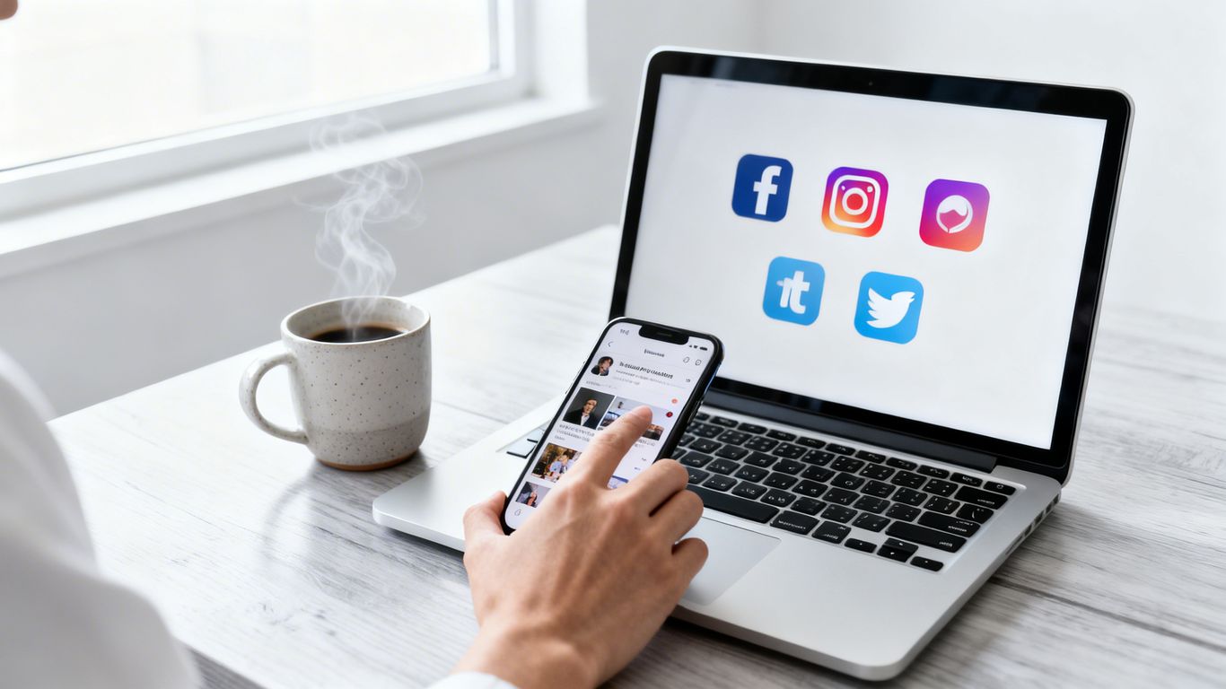 Social media manager's toolkit with laptop and phone.