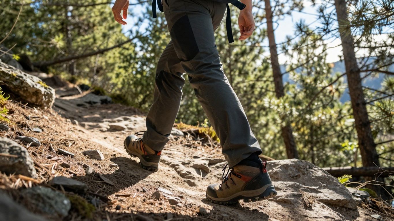 Person hiking in Hi-Tec gear on a mountain trail.