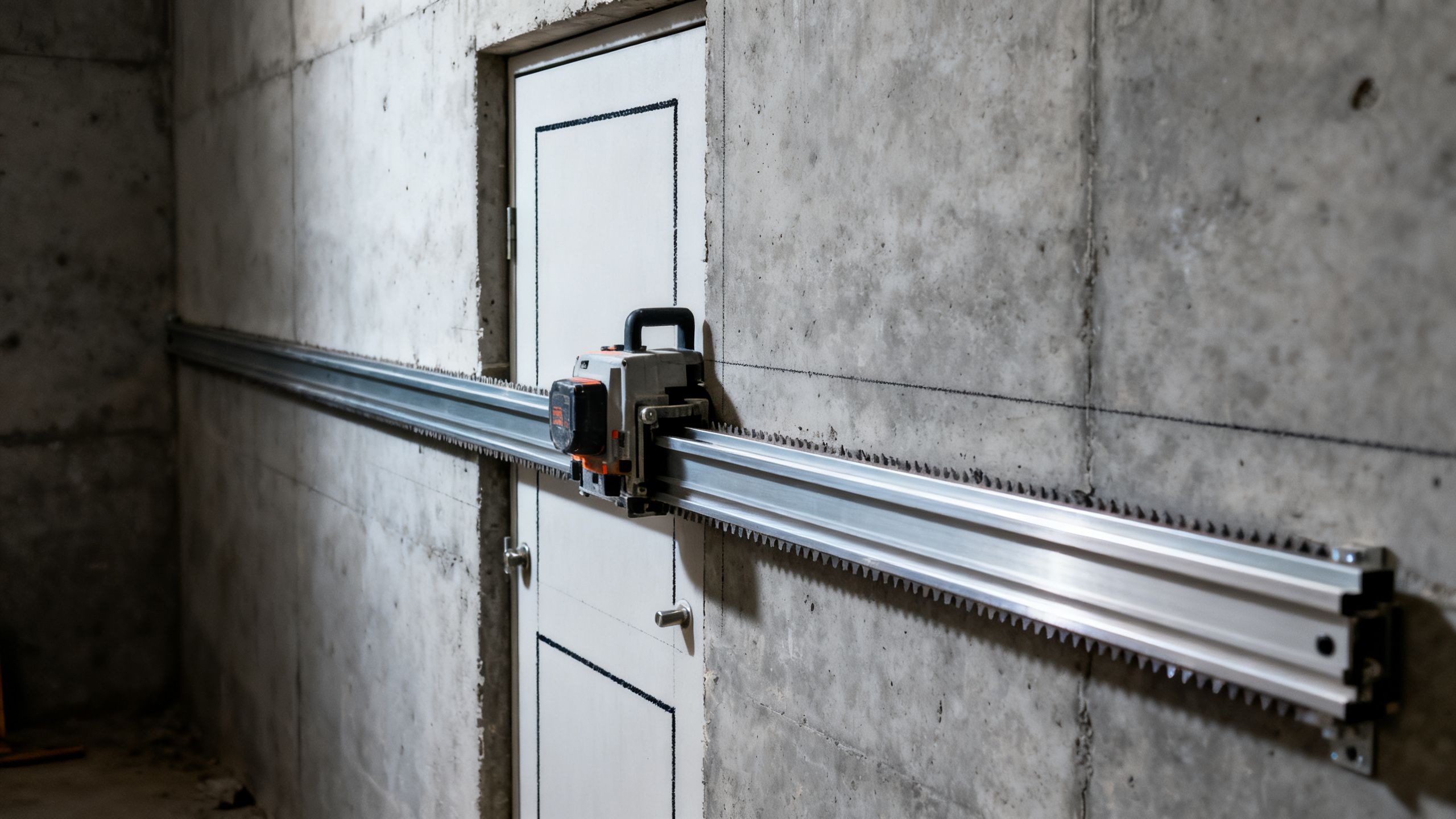 Wall saw track mounted on a concrete wall, accurately marking out a door opening before a controlled structural cut