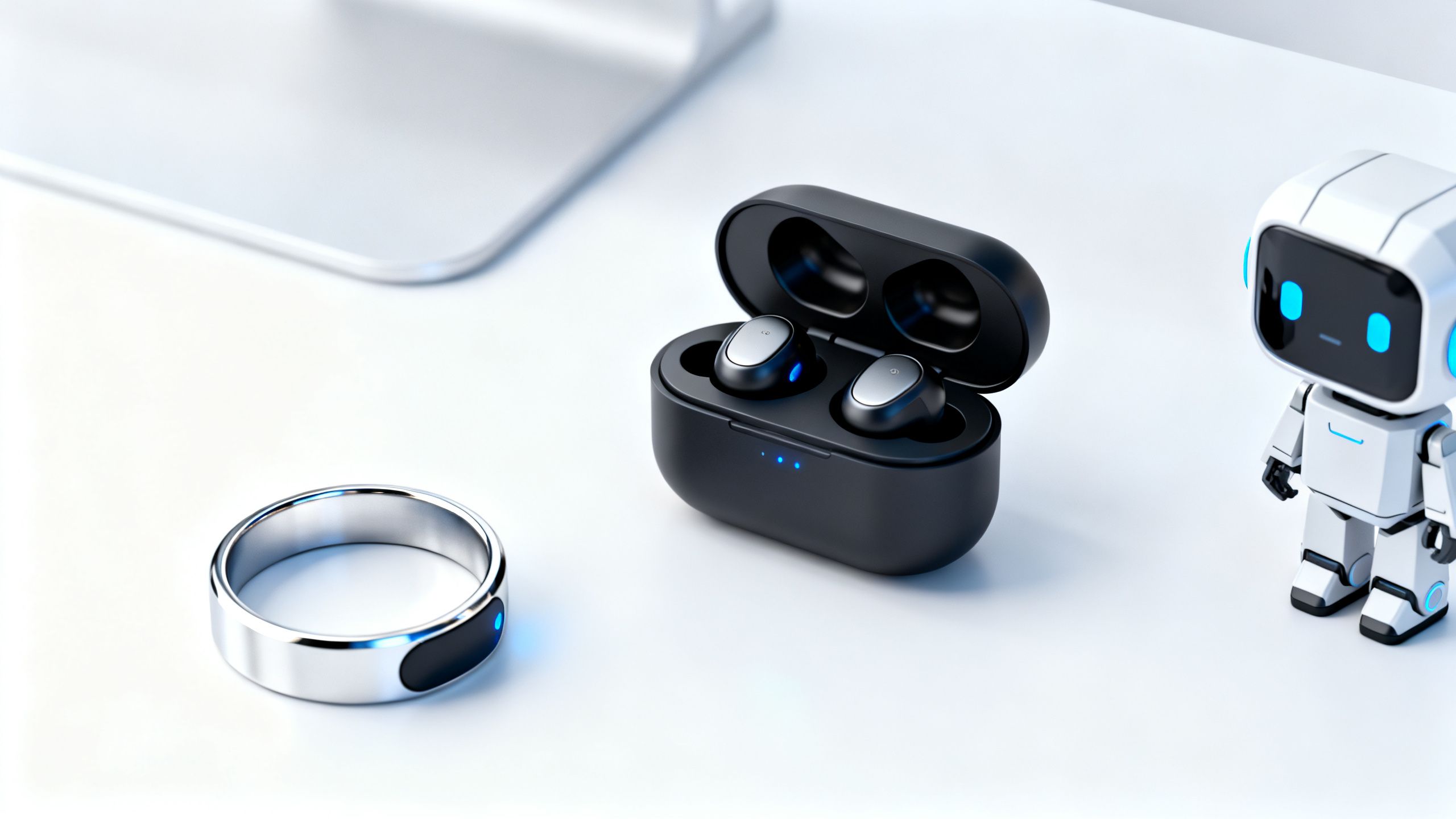 A collection of futuristic AI devices like a smart ring, AI-powered earbuds, and a small desktop robot arranged on a modern, minimalist surface