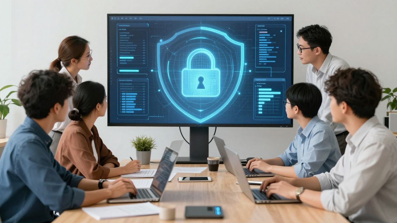 Team working securely for Cyber Essentials certification.