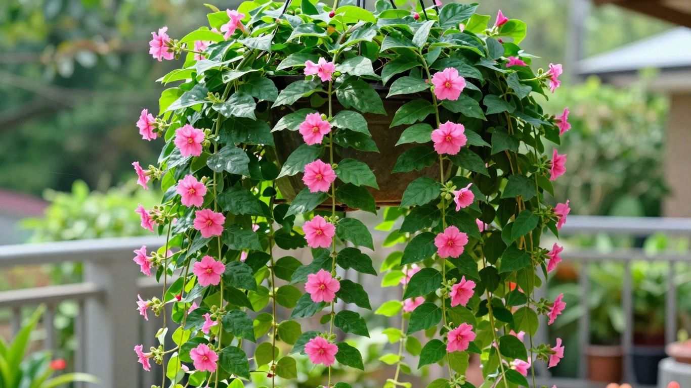 Dipladenia trepadora colgante con flores rosas vibrantes.