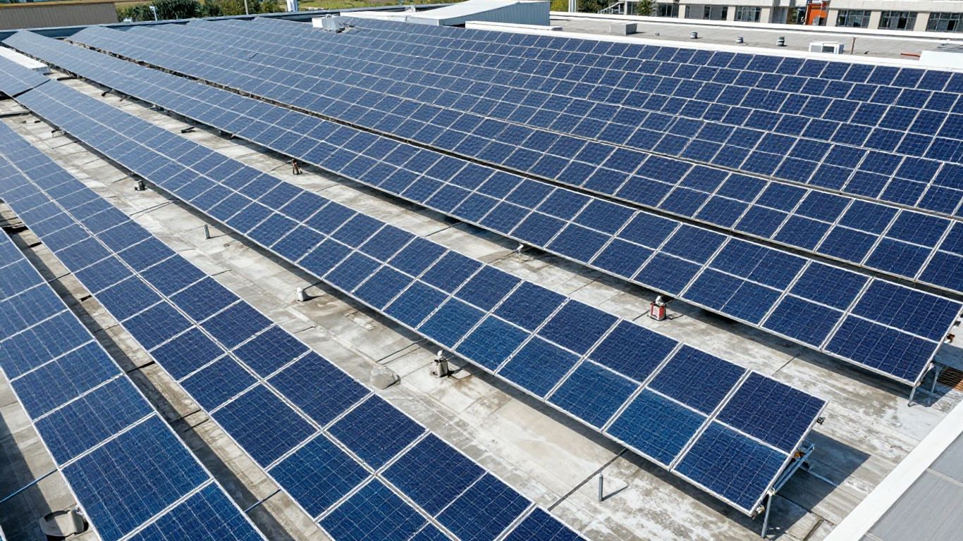 Panneaux solaires sur un grand toit sous le soleil.