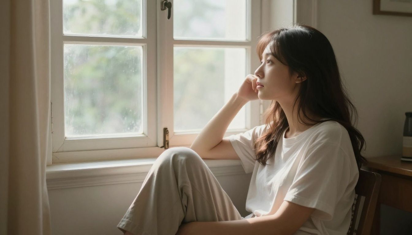 A woman sits in a quiet, sunlit room, looking thoughtfully out a window, symbolizing a moment of peaceful reflection and healing from emotional harm.