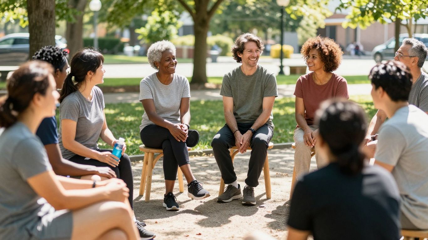 Oameni interacționând în aer liber, simbolizând sănătatea comunitară.