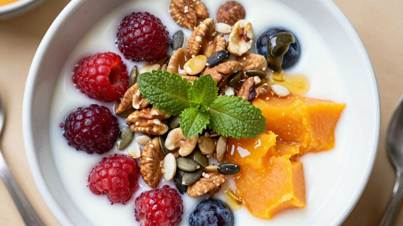 Colorful paleo breakfast bowl with berries, nuts, and seeds.