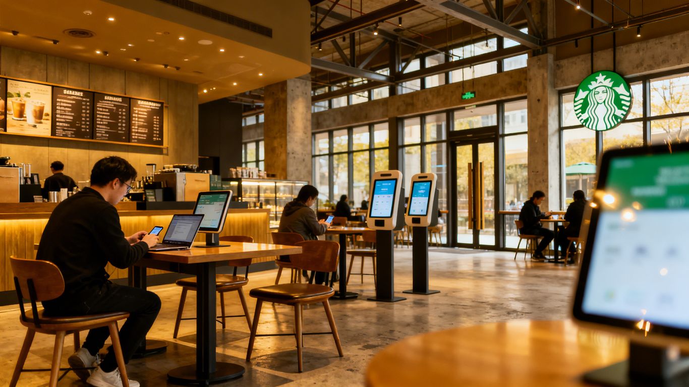 Starbucks interior with customers using digital devices.