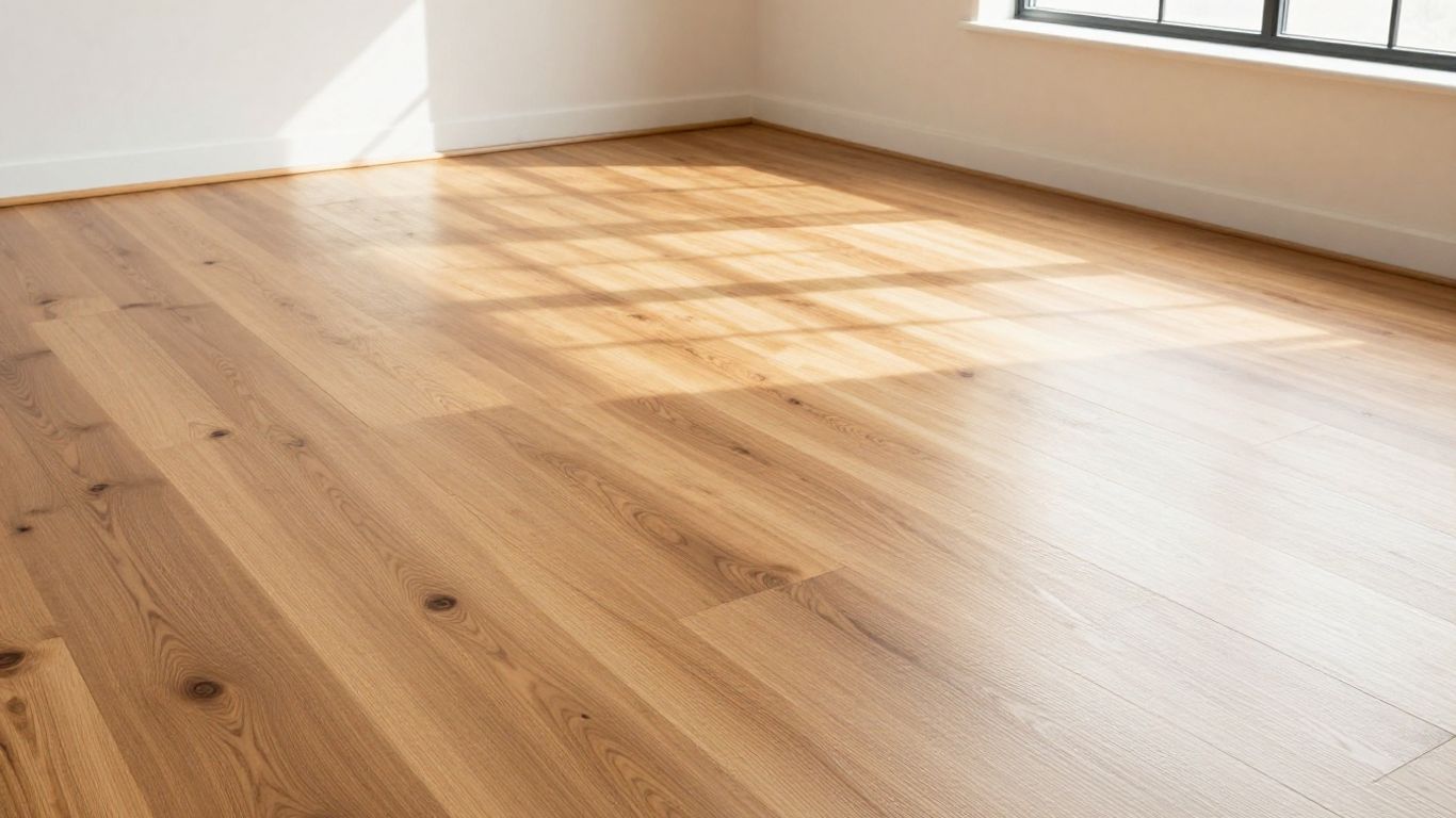 Sunlit hardwood floor in a modern living room.
