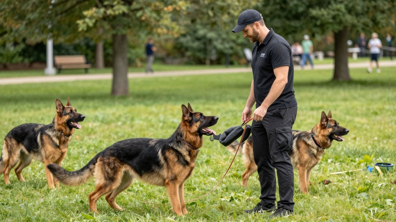 Dog training session with handler in a park.