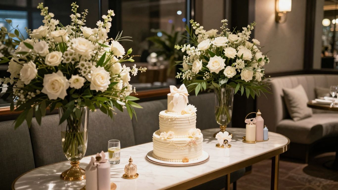 Elegant baby shower venue with floral decorations and cake.