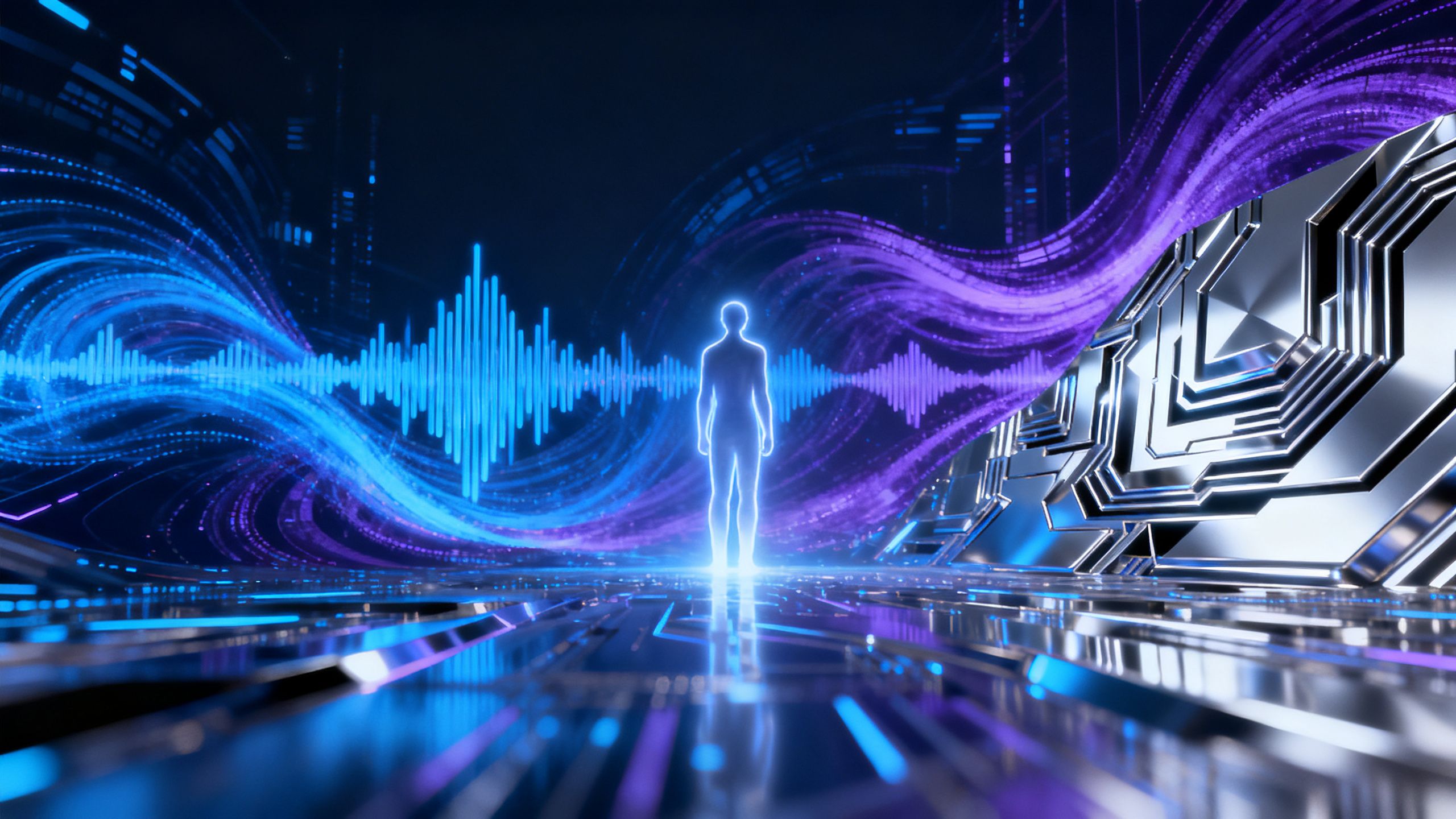 Abstract soundwaves and AI patterns merging with a human silhouette.