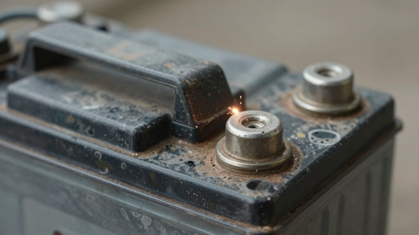 Damaged car battery with corroded terminals and faint sparks.