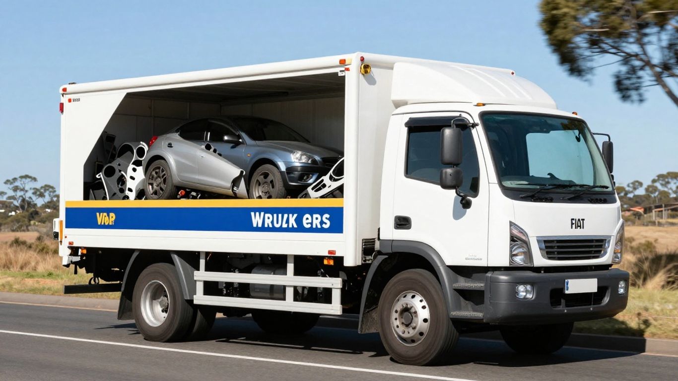 Perth Fiat Wreckers truck delivering car parts nationwide.
